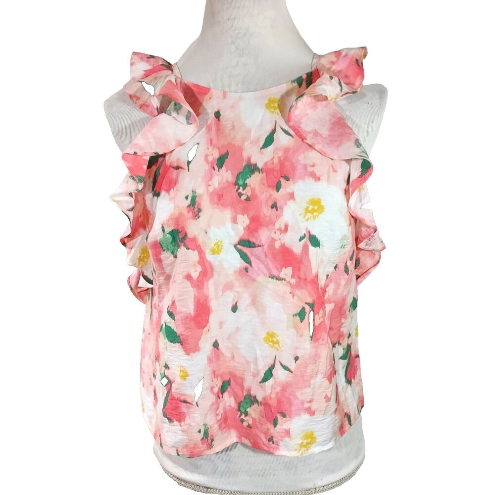 A New Day Watercolor Floral Shirt Top Women Size Small Ruffle Sleeve Keyhole NWT